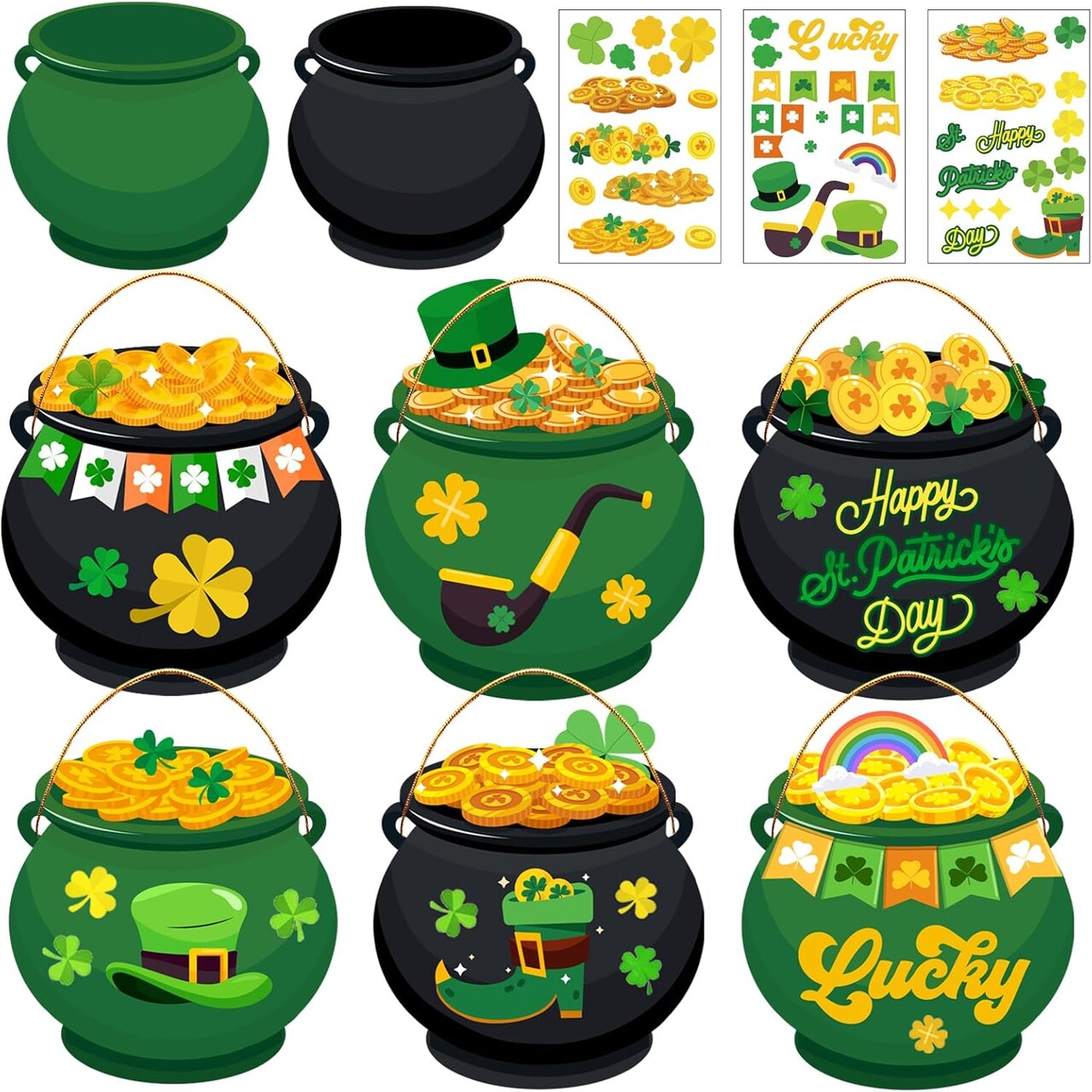 St. Patrick’s Day Crafts for Kids – 24 Pack DIY Pot of Gold Cutouts with Shamrock, Gold Coins & Leprechaun Hat Stickers for Classroom & Home Activities